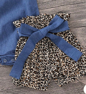 3 PIECE BLUE ROMPER LEOPARD PANTS AND HEADBAND SET