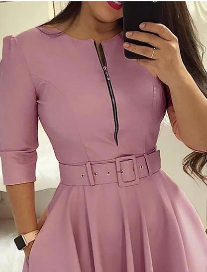 SOLID ZIPPER UP BELTED PLEATED CASUAL DRESS