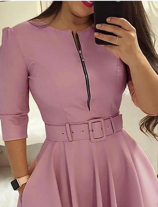 SOLID ZIPPER UP BELTED PLEATED CASUAL DRESS