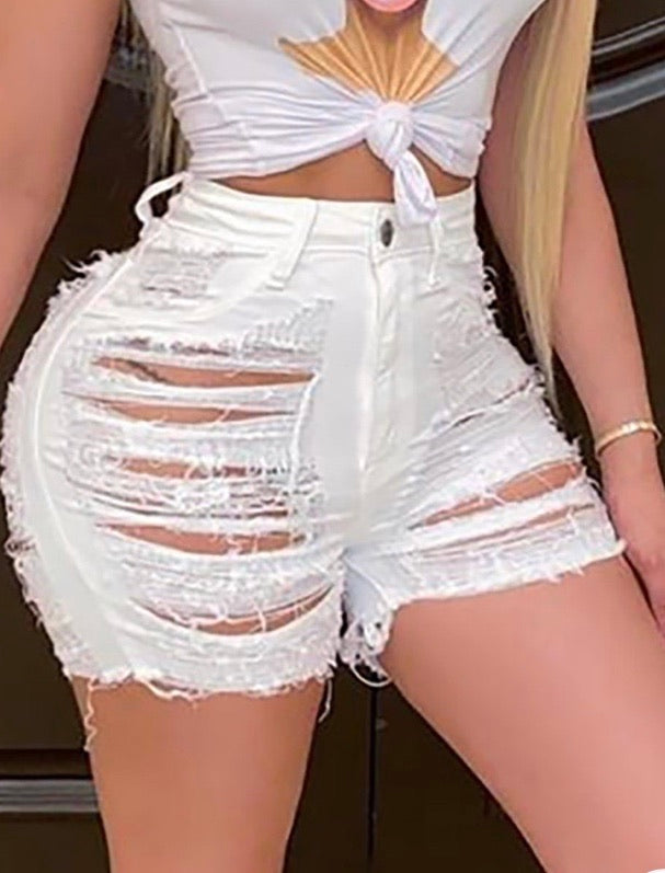 ZIPPER DESIGN RIPPED DENIM SHORTS