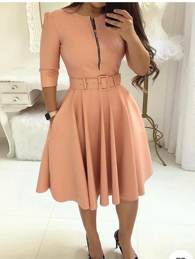 SOLID ZIPPER UP BELTED PLEATED CASUAL DRESS