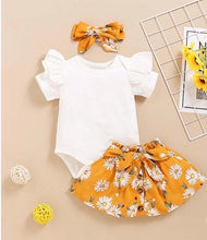 Load image into Gallery viewer, 3 PIECE SOLID RUFFLE BODYSUIT &amp; FLORAL PRINTED SKIRT WITH HEADBAND
