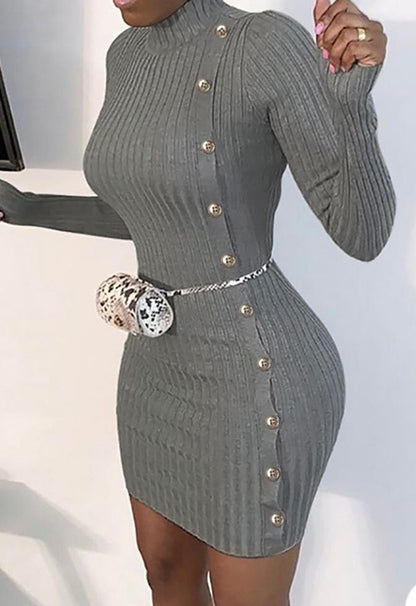 BUTTON DESIGN KNIT LONG SLEEVE DRESS