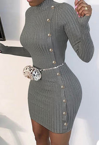 BUTTON DESIGN KNIT LONG SLEEVE DRESS