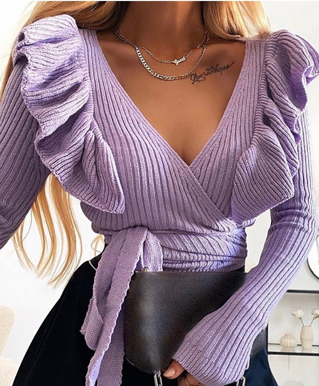 RUFFLE TRIM TIE KNIT SWEATER