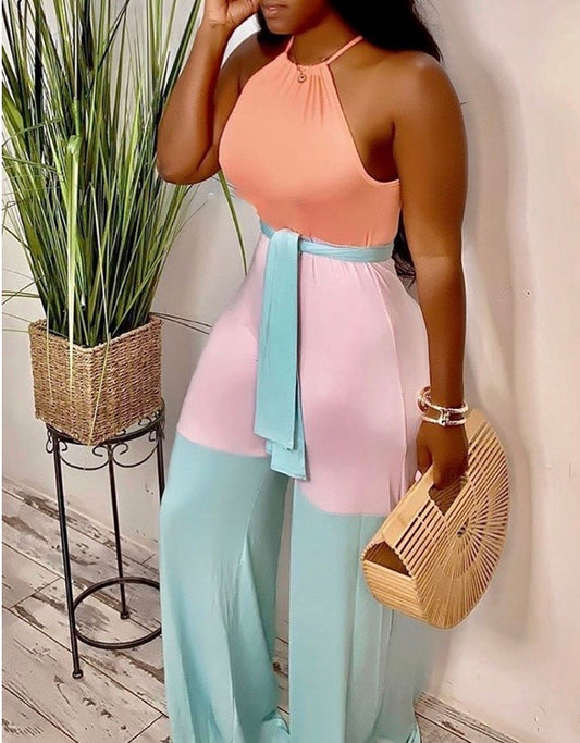 HALTER CONTRAST COLOR SLEEVELESS JUMPSUIT