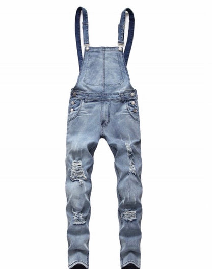 SOLID COLOR RIPPED DENIM OVERALLS