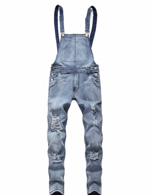 SOLID COLOR RIPPED DENIM OVERALLS