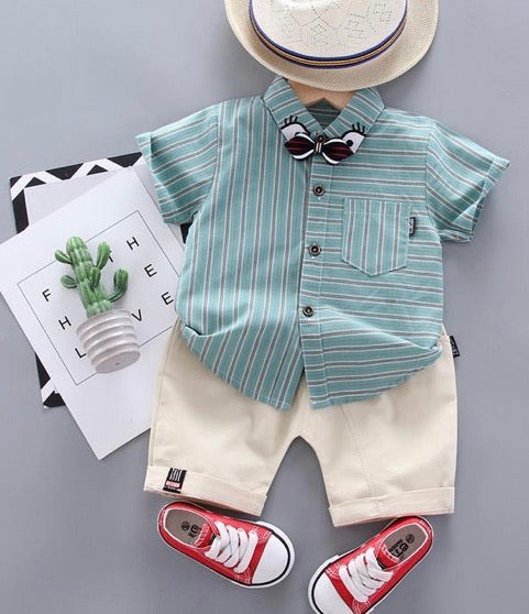 2 PIECE FASHION BOW STRIPES SHIRT & PANTS