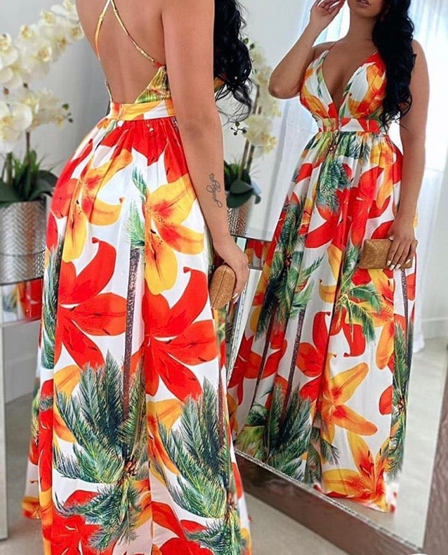 LEAF PRINT BACKLESS CAMI TOP& SPLIT MAXI SKIRT SET