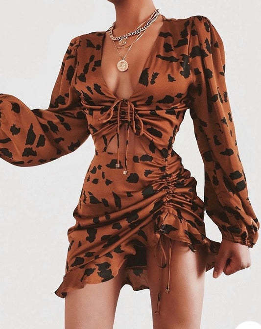 LEOPARD DESIGN DRAWSTRING DRESS