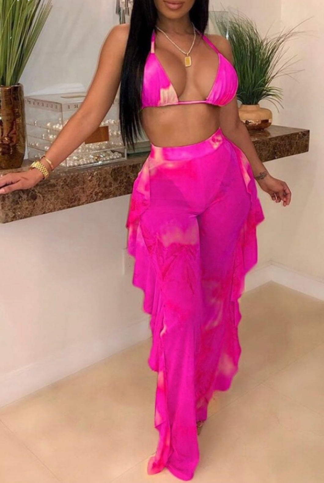 FLOUNCE DESIGN TWO PIECE COVER UP SWIMSUIT