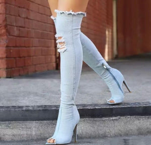 RIPPED DENIM KNEE HIGH BOOTS